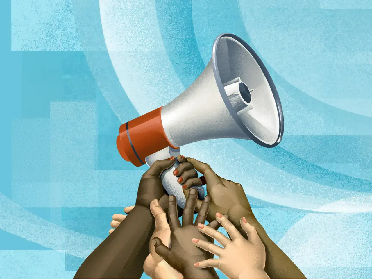 Hands reaching for megaphone Civic Engagement graphic