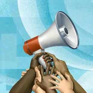 Hands reaching for megaphone Civic Engagement graphic
